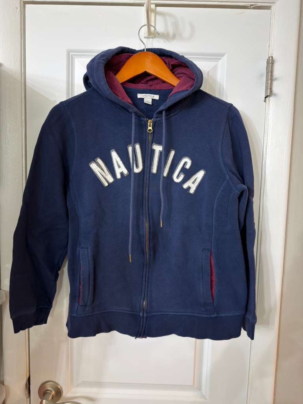 Nautica Navy Hoodie with Red-Striped Hood Lining